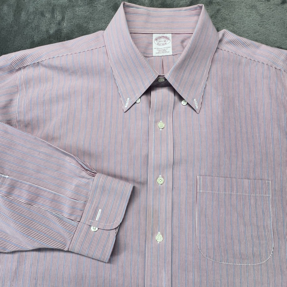 Brooks Brothers Dress Shirt Mens 17.5-33 Red‎ Oxford Button Down Collar Striped